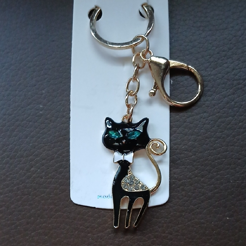 Mint Black Cat Keychain with Gold Details